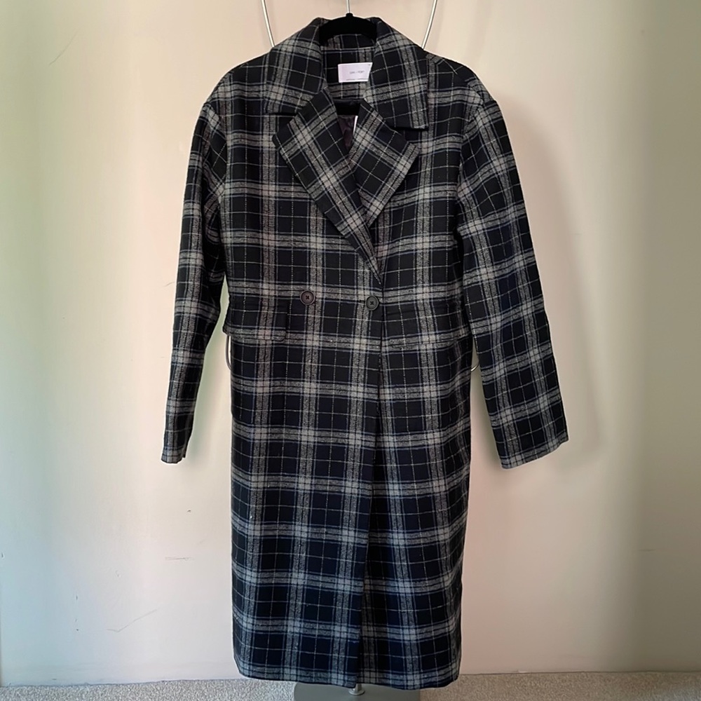 OAK + FORT Black and Gray Plaid Double-Breasted Pea Coat